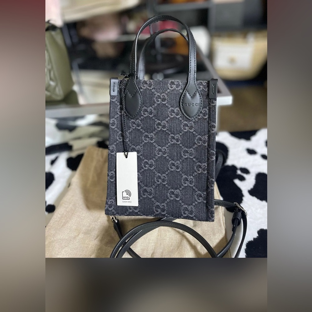 Gucci Ophidia Mini Shoulder Bag in black GG denim with black leather trim.